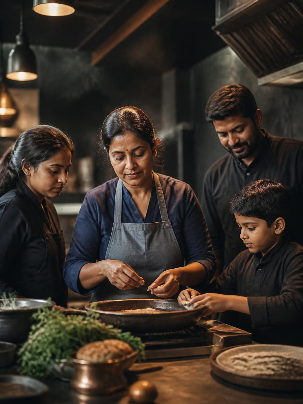 Eine Familie kocht gemeinsam Rezepte in der Küche von Street Khazana