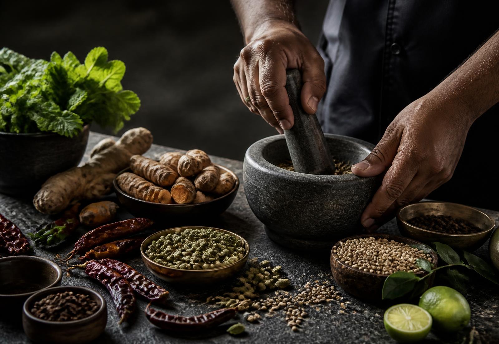 Ganze indische Gewürze und frische Zutaten werden von Hand gemahlen